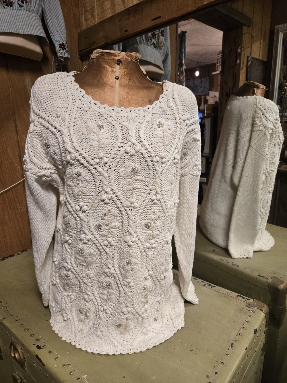 Textured Cream Scoop-Neck Knit Sweater